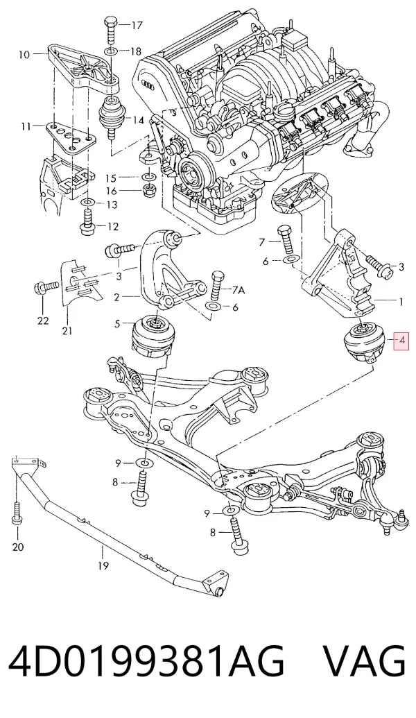 Coxim (suporte) esquerdo de motor 4D0199381AG VAG