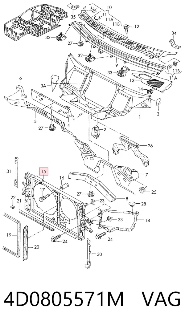 Suporte do radiador montado (painel de montagem de fixação das luzes) Audi A8 D2