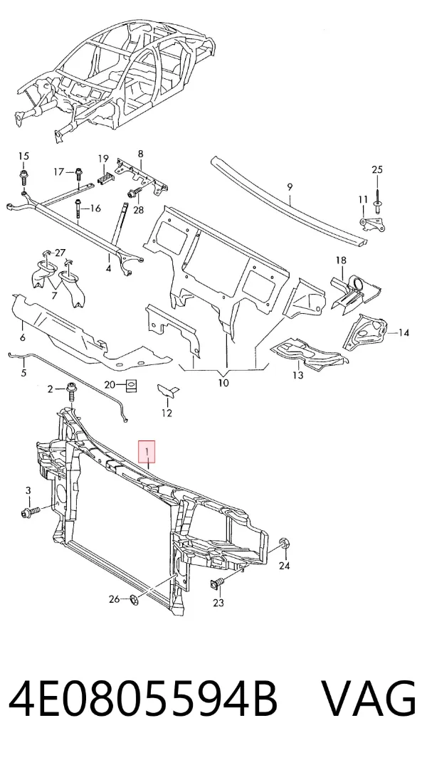 Suporte do radiador montado (painel de montagem de fixação das luzes) Audi A8 D3
