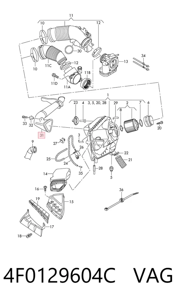 Cano derivado de ar, entrada de filtro de ar 4F0129604C VAG