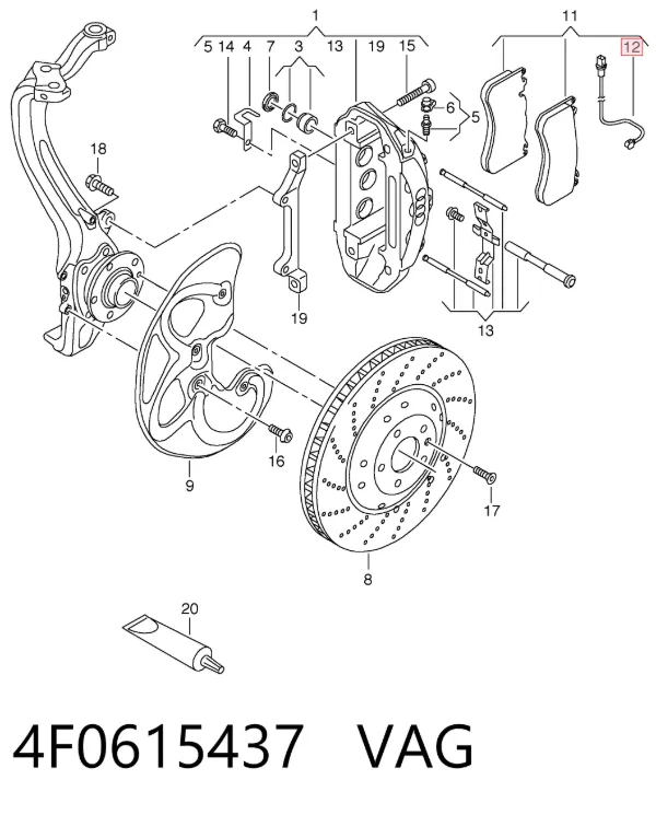 Sensor dianteiro de desgaste das sapatas do freio 4F0615437 VAG