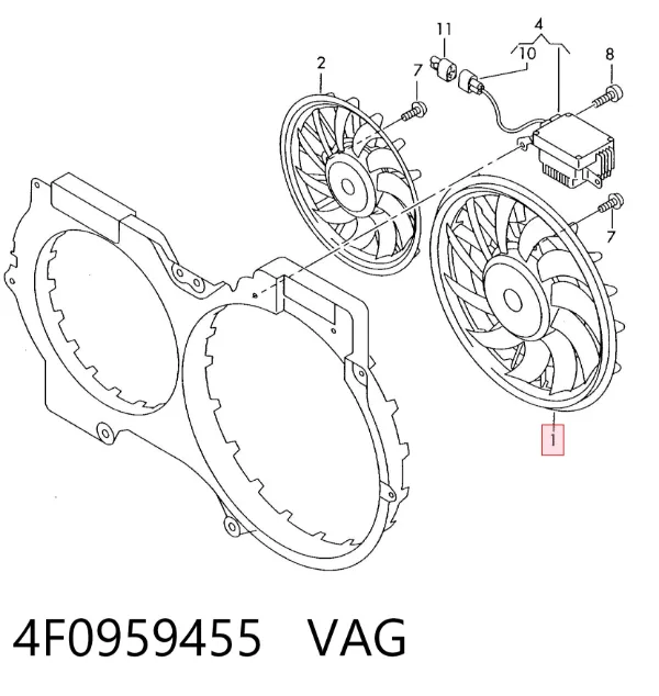 Ventilador (roda de aletas) do radiador de esfriamento esquerdo 4F0959455 VAG