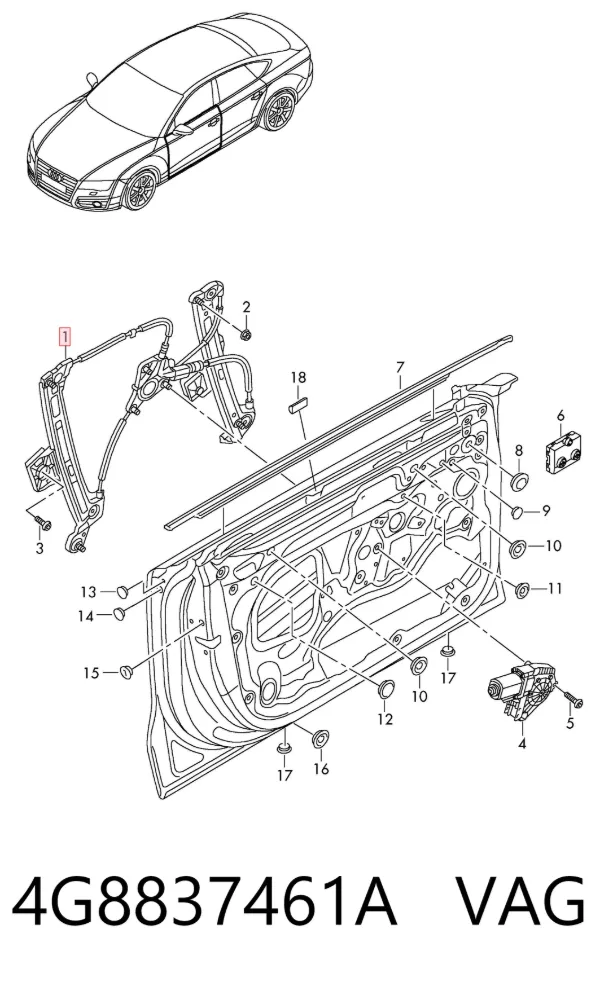 Mecanismo de acionamento de vidro da porta dianteira esquerda Audi A7 Sportback