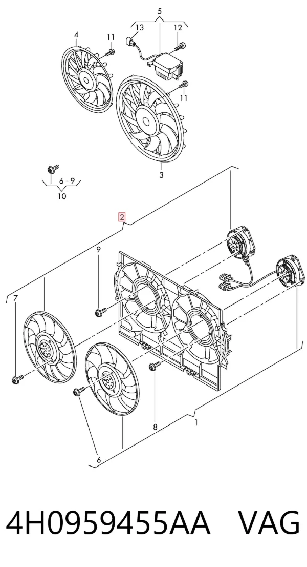 Ventilador elétrico de esfriamento montado (motor + roda de aletas) direito 4H0959455AA VAG