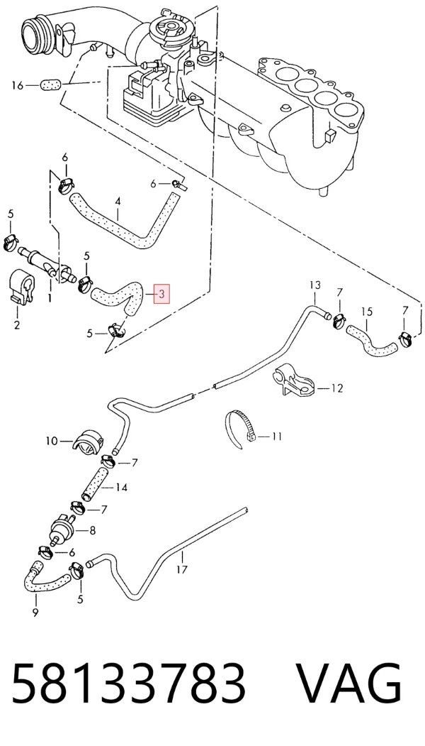 Cano derivado de ventilação de cárter (de separador de óleo) 58133783 VAG