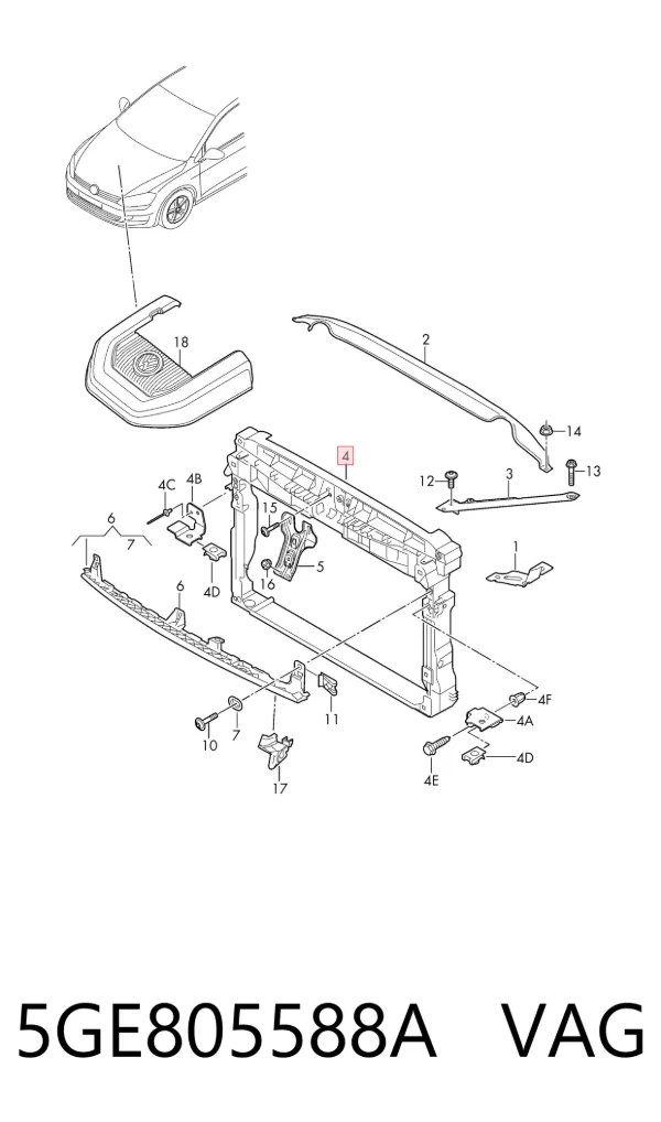Suporte do radiador montado (painel de montagem de fixação das luzes) 5GE805588A VAG