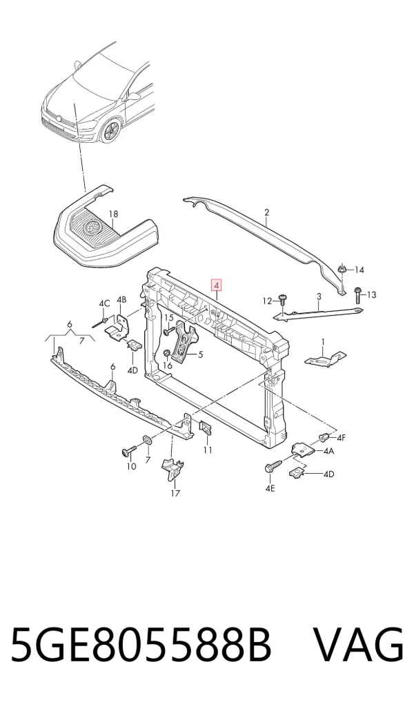 Suporte do radiador montado (painel de montagem de fixação das luzes) 5GE805588B VAG