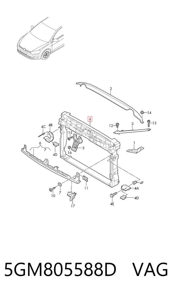 Suporte do radiador montado (painel de montagem de fixação das luzes) 5GM805588D VAG