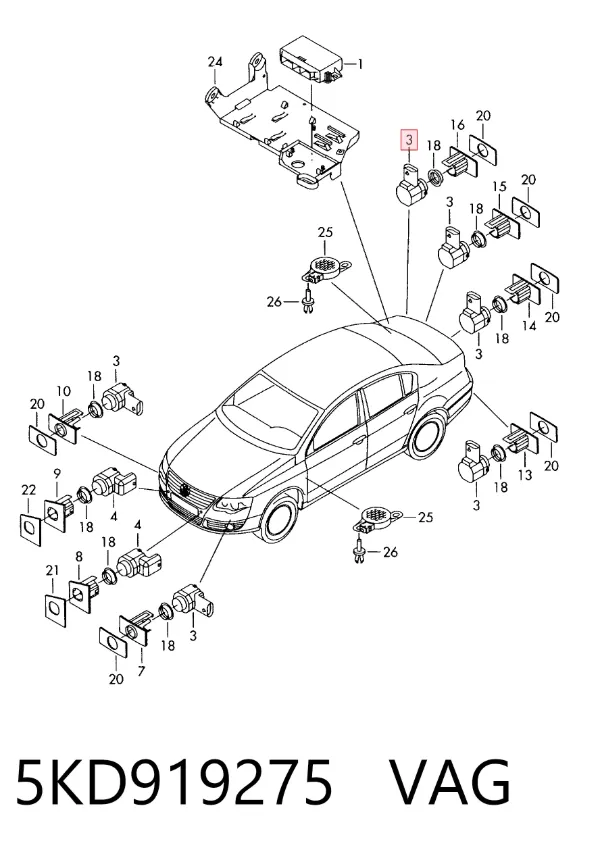 Sensor dianteiro de sinalização de estacionamento (sensor de estacionamento) 5KD919275 VAG