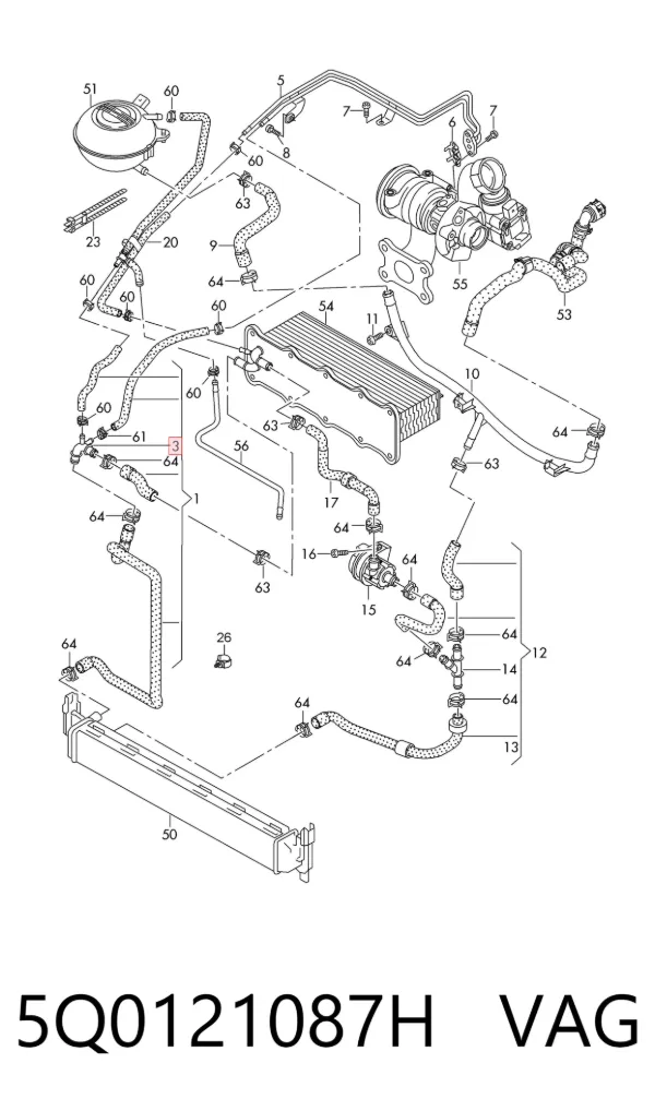 Flange do sistema de esfriamento (união em T) 5Q0121087H VAG