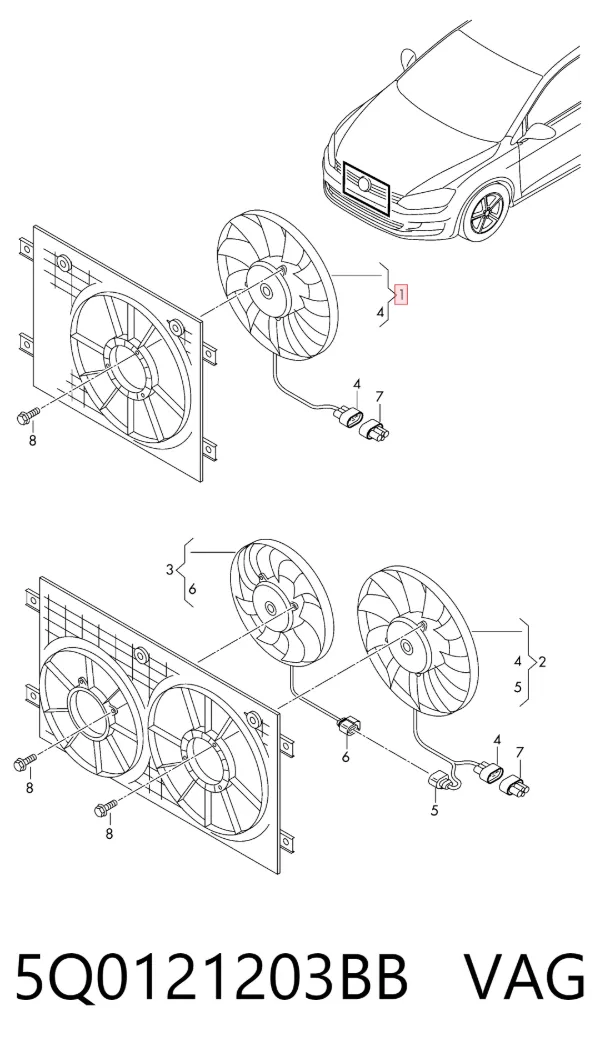 Difusor do radiador de esfriamento, montado com motor e roda de aletas 5Q0121203BB VAG