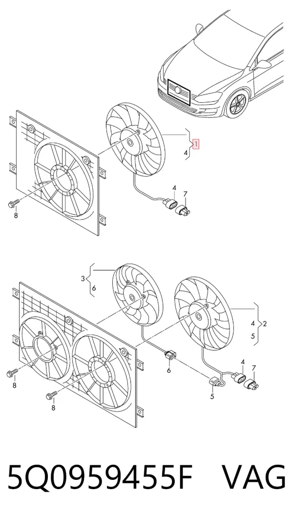 Difusor do radiador de esfriamento, montado com motor e roda de aletas 5Q0959455F VAG