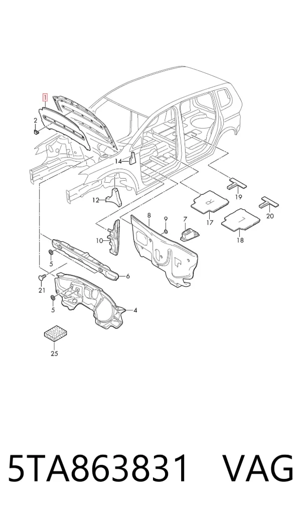 Isolamento de ruído da capota Volkswagen Touran III