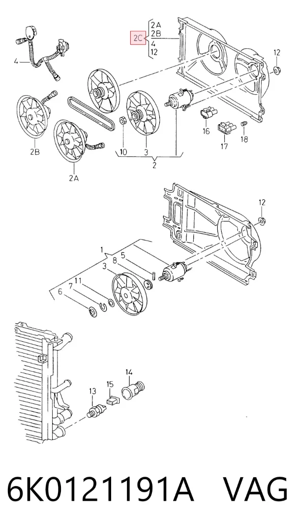 Difusor do radiador de esfriamento, montado com motor e roda de aletas 6K0121191A VAG