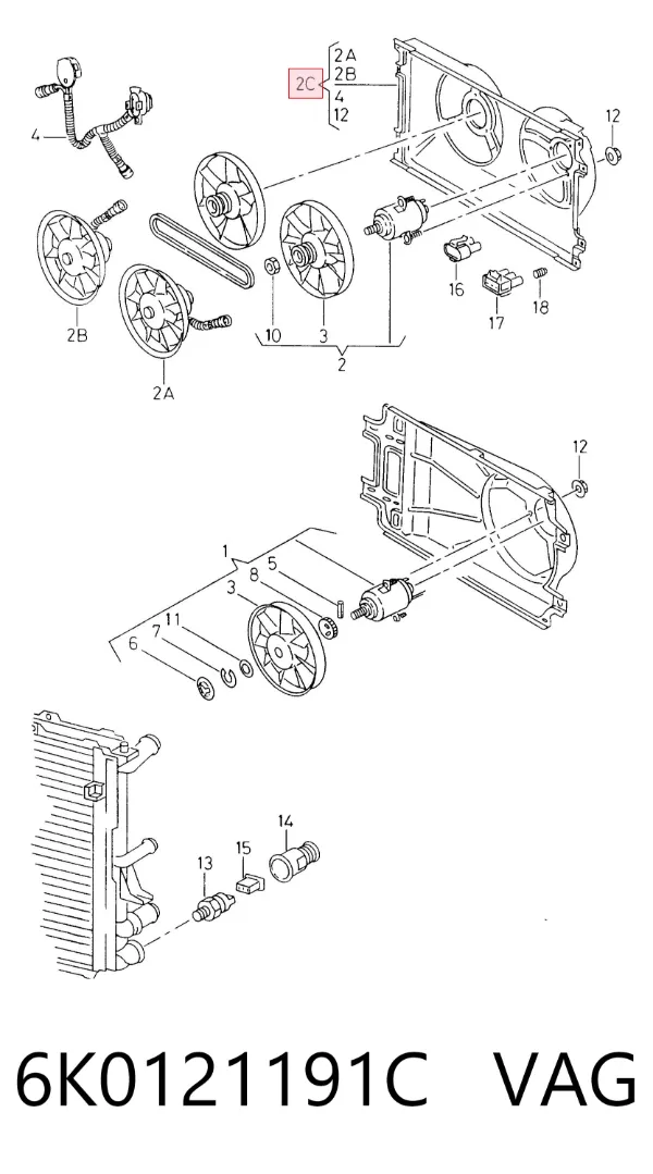 Difusor do radiador de esfriamento, montado com motor e roda de aletas 6K0121191C VAG
