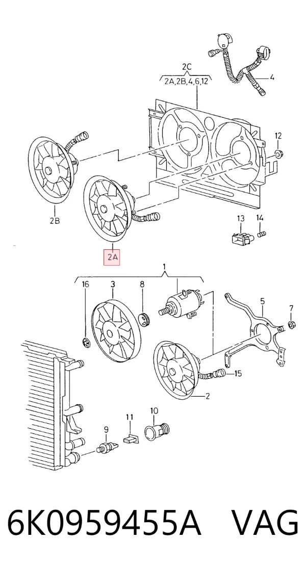 Ventilador elétrico de esfriamento montado (motor + roda de aletas) 6K0959455A VAG