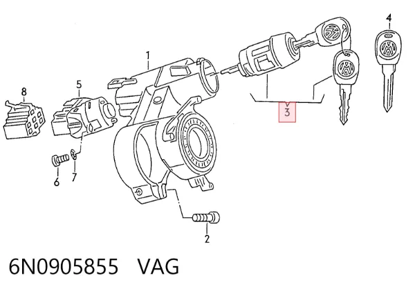 Trinco de fecho de ignição 6N0905855 VAG