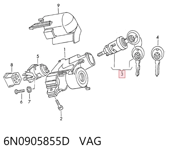 Trinco de fecho de ignição 6N0905855D VAG