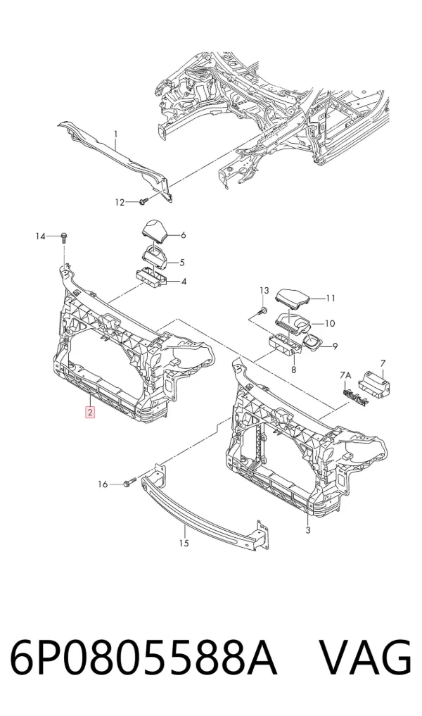 Suporte do radiador montado (painel de montagem de fixação das luzes) 6P0805588A VAG