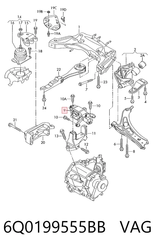 Coxim (suporte) esquerdo traseiro de motor 6Q0199555BB VAG