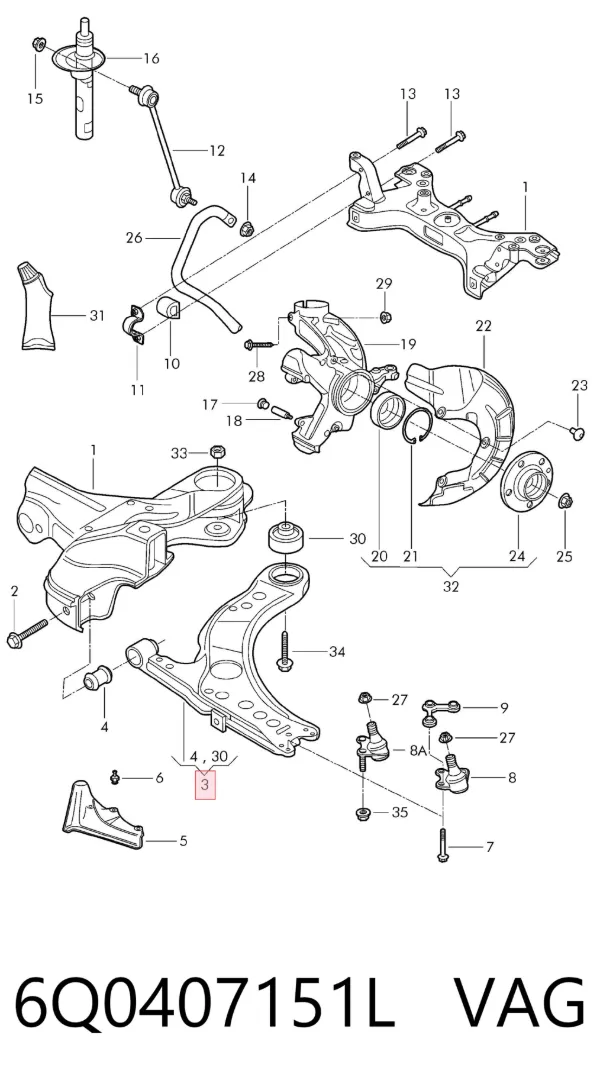 Braço oscilante inferior esquerdo/direito de suspensão dianteira 6Q0407151L VAG