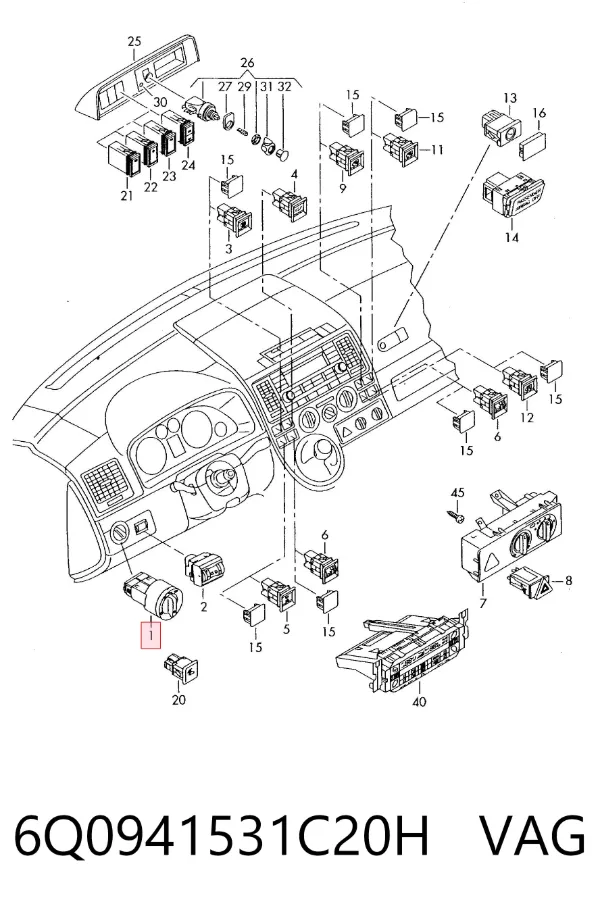 Comutador das luzes no "painel de instrumentos" 6Q0941531C20H VAG