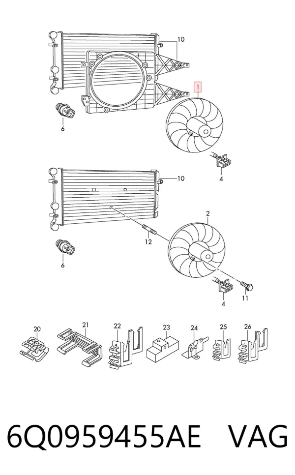 Ventilador elétrico de esfriamento montado (motor + roda de aletas) 6Q0959455AE VAG