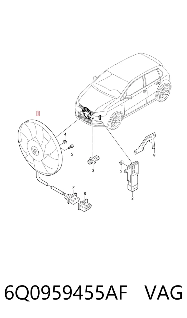 Ventilador elétrico de esfriamento montado (motor + roda de aletas) 6Q0959455AF VAG