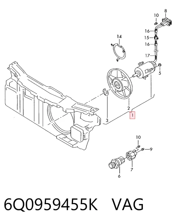 Ventilador elétrico de esfriamento montado (motor + roda de aletas) 6Q0959455K VAG