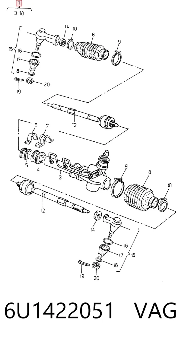 Cremalheira da direção 6U1422051 VAG