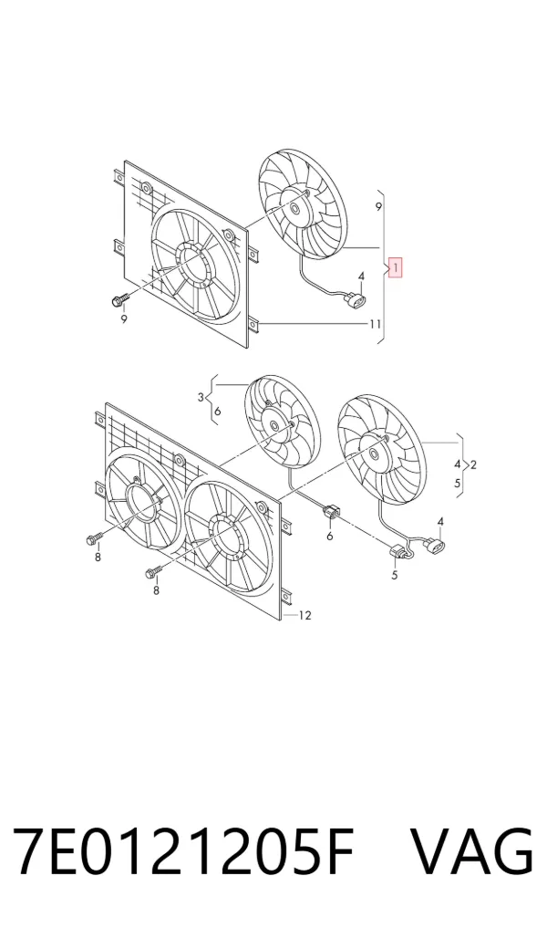 Difusor do radiador de esfriamento, montado com motor e roda de aletas 7E0121205F VAG
