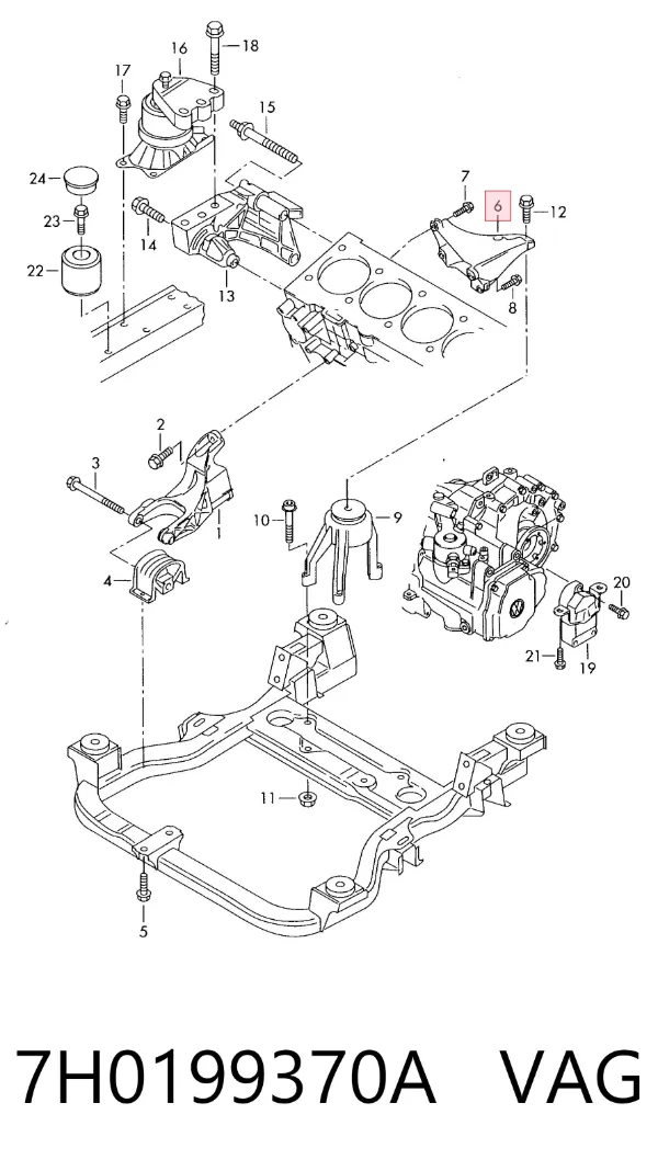 Coxim (suporte) traseiro de motor 7H0199370A VAG