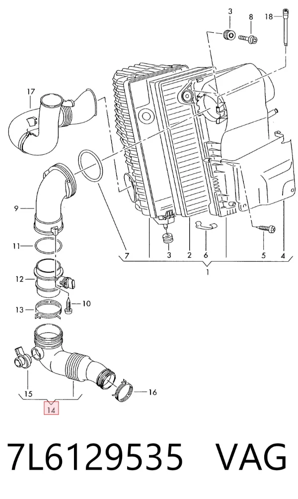 Cano derivado de ar, saída de filtro de ar 7L6129535 VAG