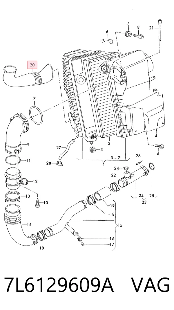 Cano derivado de ar, entrada de filtro de ar 7L6129609A VAG