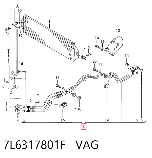Tubo duplo do radiador de óleo da Caixa Automática de Mudança 7L6317801F VAG