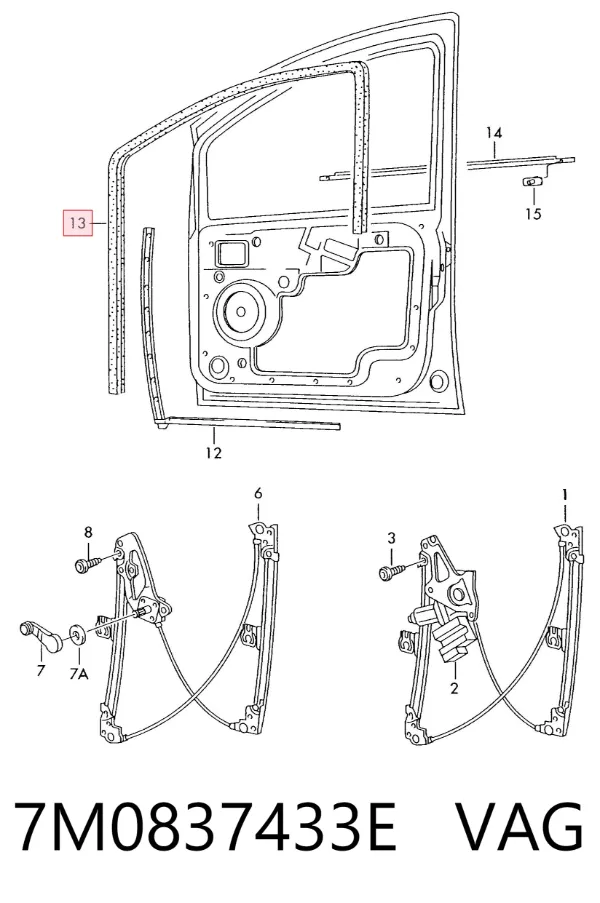 Guia de vidro de quadro da porta dianteira esquerda 7M0837433E VAG