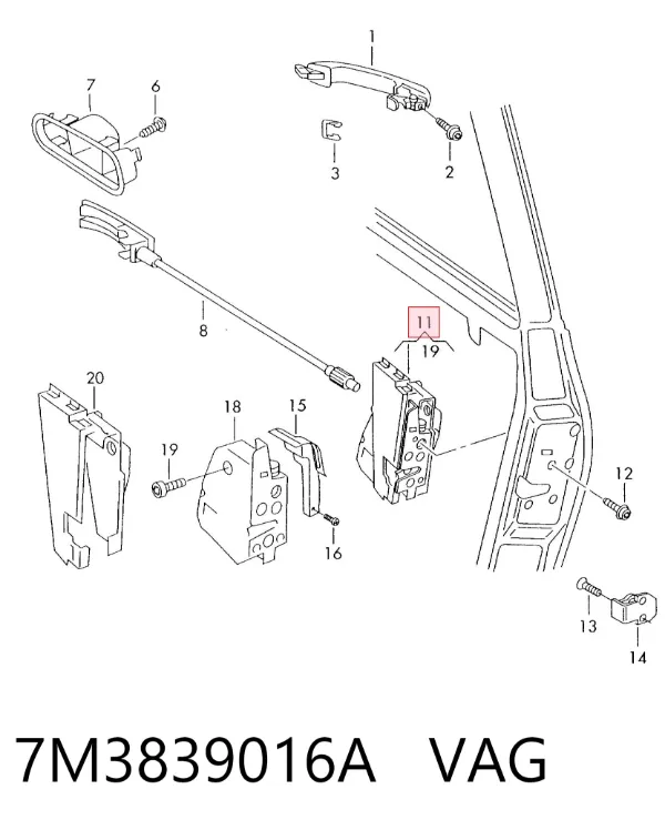 Fecho da porta traseira direita 7M3839016A VAG