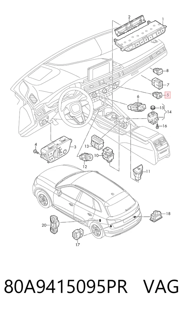 Botão de ativação do sinal de emergência Audi Q5 FYB, FYG