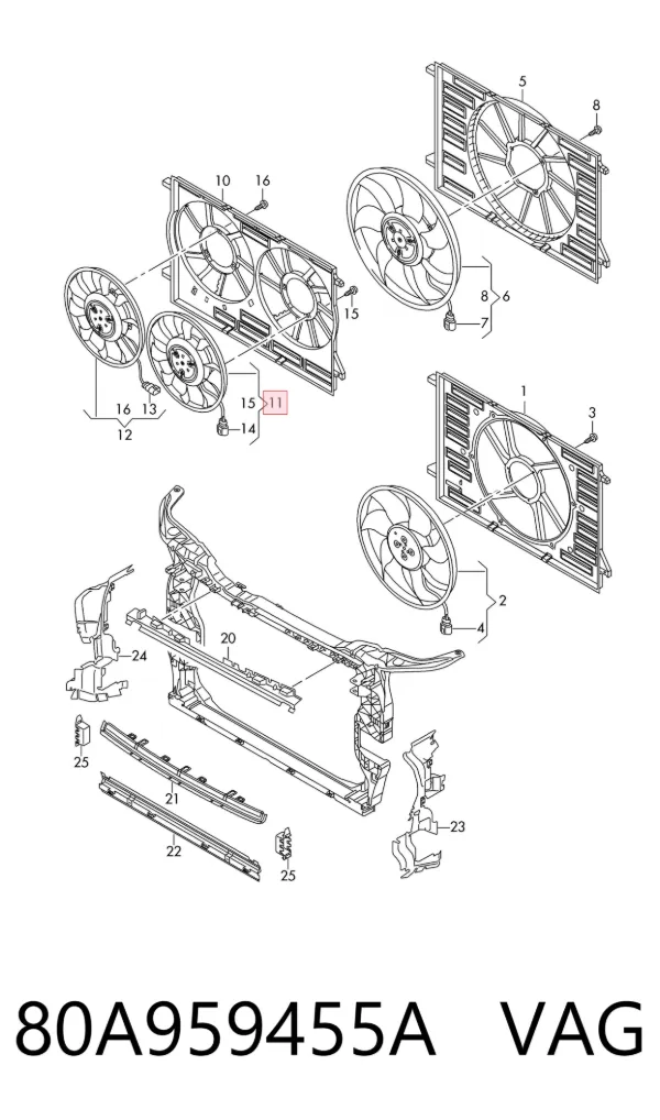 Ventilador elétrico de esfriamento montado (motor + roda de aletas) esquerdo 80A959455A VAG