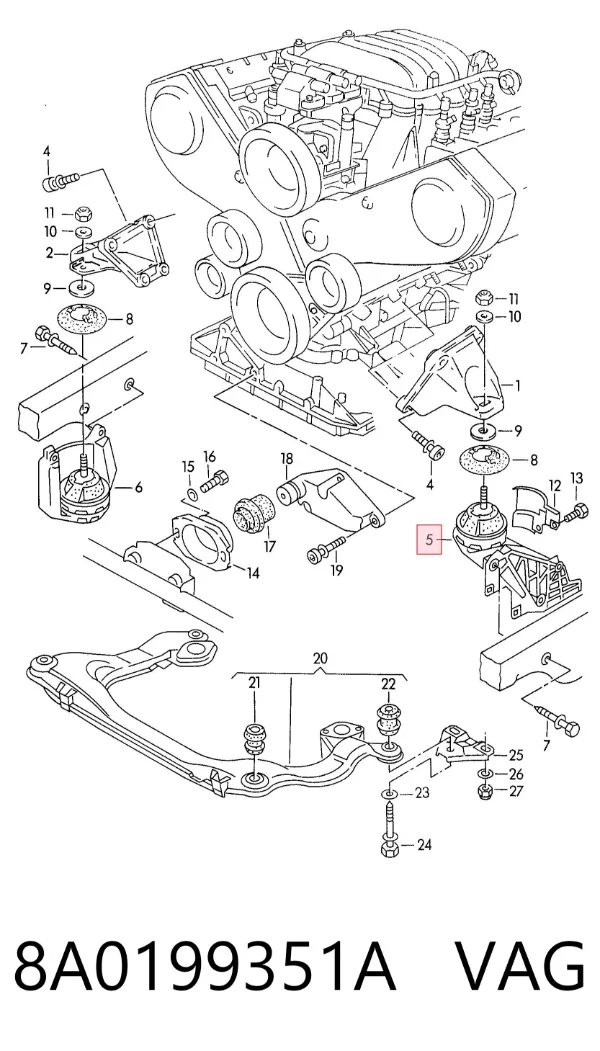 Coxim (suporte) esquerdo de motor 8A0199351A VAG