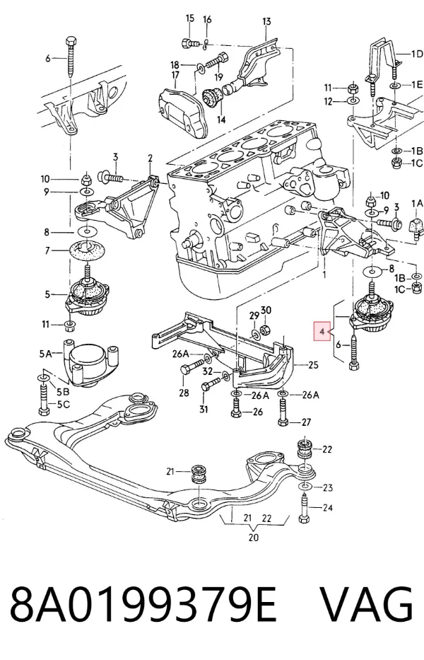 Coxim (suporte) esquerdo de motor 8A0199379E VAG