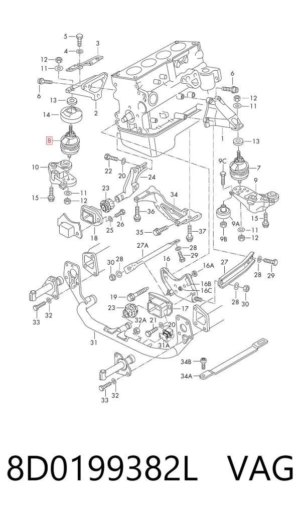 Coxim (suporte) direito de motor 8D0199382L VAG