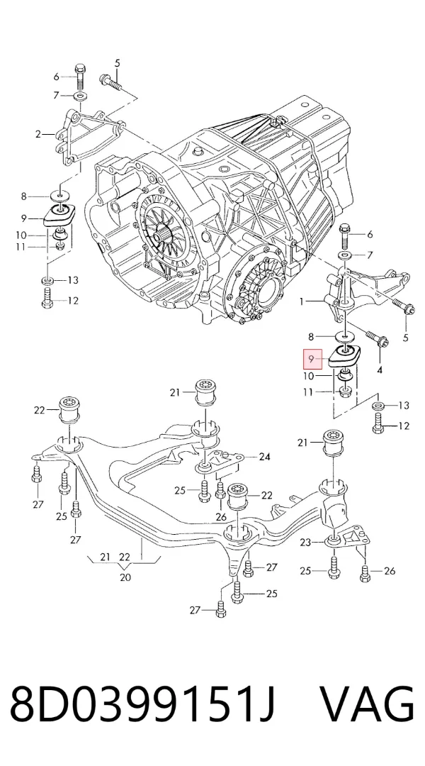 Coxim direito de transmissão (suporte da caixa de mudança) 8D0399151J VAG