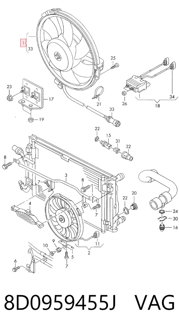 Ventilador elétrico de esfriamento montado (motor + roda de aletas) 8D0959455J VAG