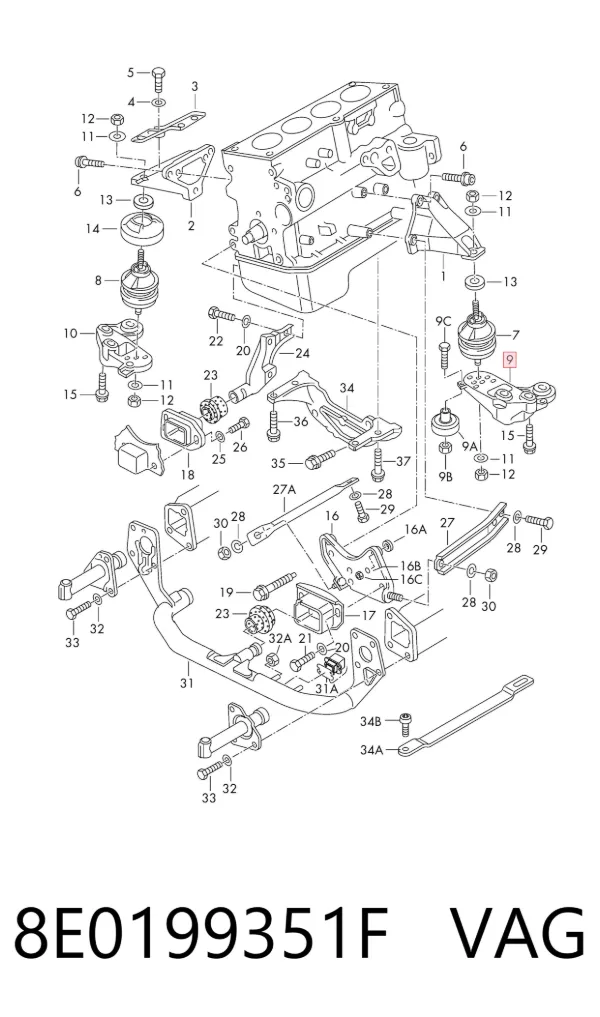 Consola de coxim (apoio) esquerda de motor 8E0199351F VAG