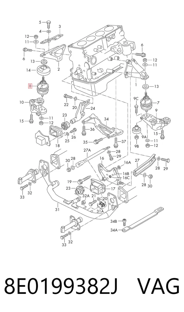 Coxim (suporte) direito de motor 8E0199382J VAG