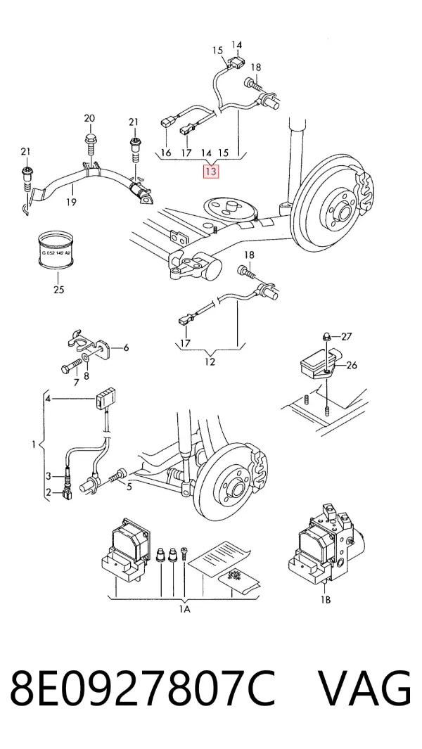 Sensor ABS traseiro esquerdo 8E0927807C VAG