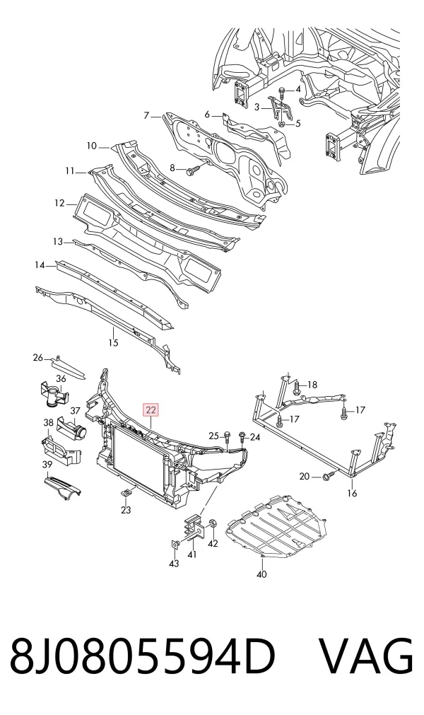 Suporte do radiador montado (painel de montagem de fixação das luzes) Audi TT 8J3