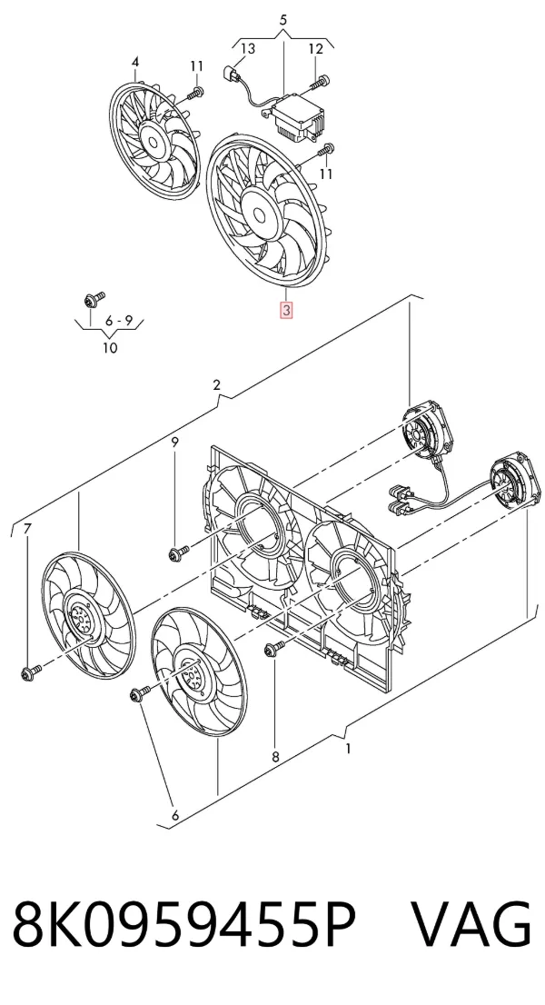 Ventilador elétrico de esfriamento montado (motor + roda de aletas) esquerdo 8K0959455P VAG