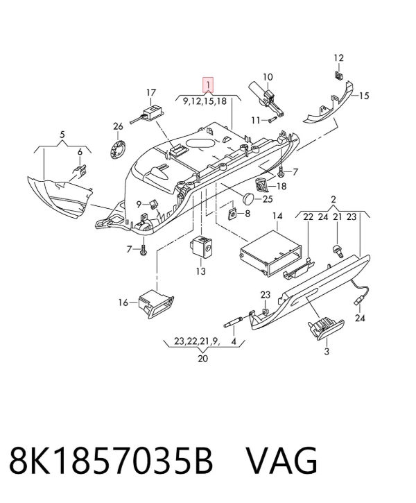 Caixa para porta-luvas (porta-luvas) 8K1857035B VAG